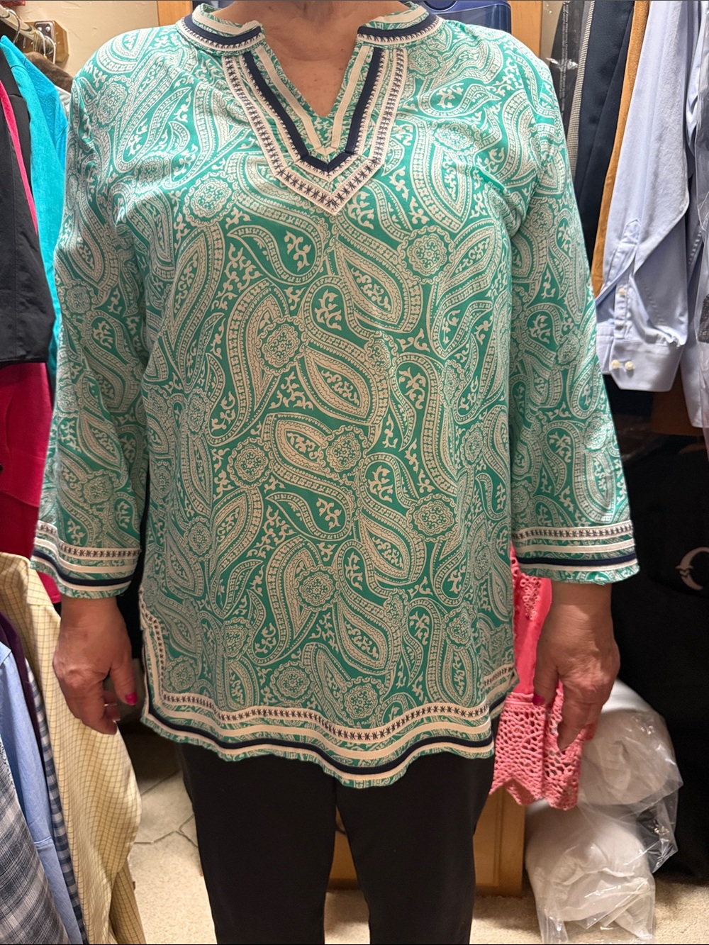 Talbots Teal and White Paisley V-Neck Tunic